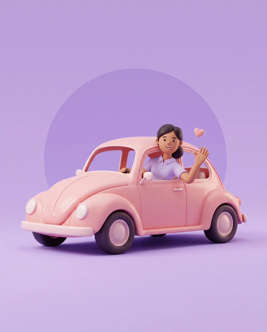 Ilustración 3D de una conductora de MomDriver saludando desde su auto rosa
