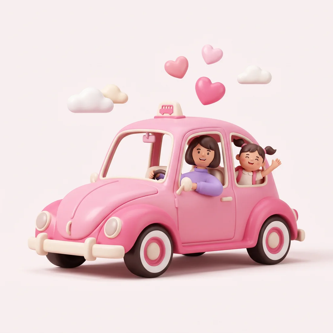 Ilustración 3D: una conductora de MomDriver lleva a una niña que saluda feliz desde la ventana, con corazones flotando