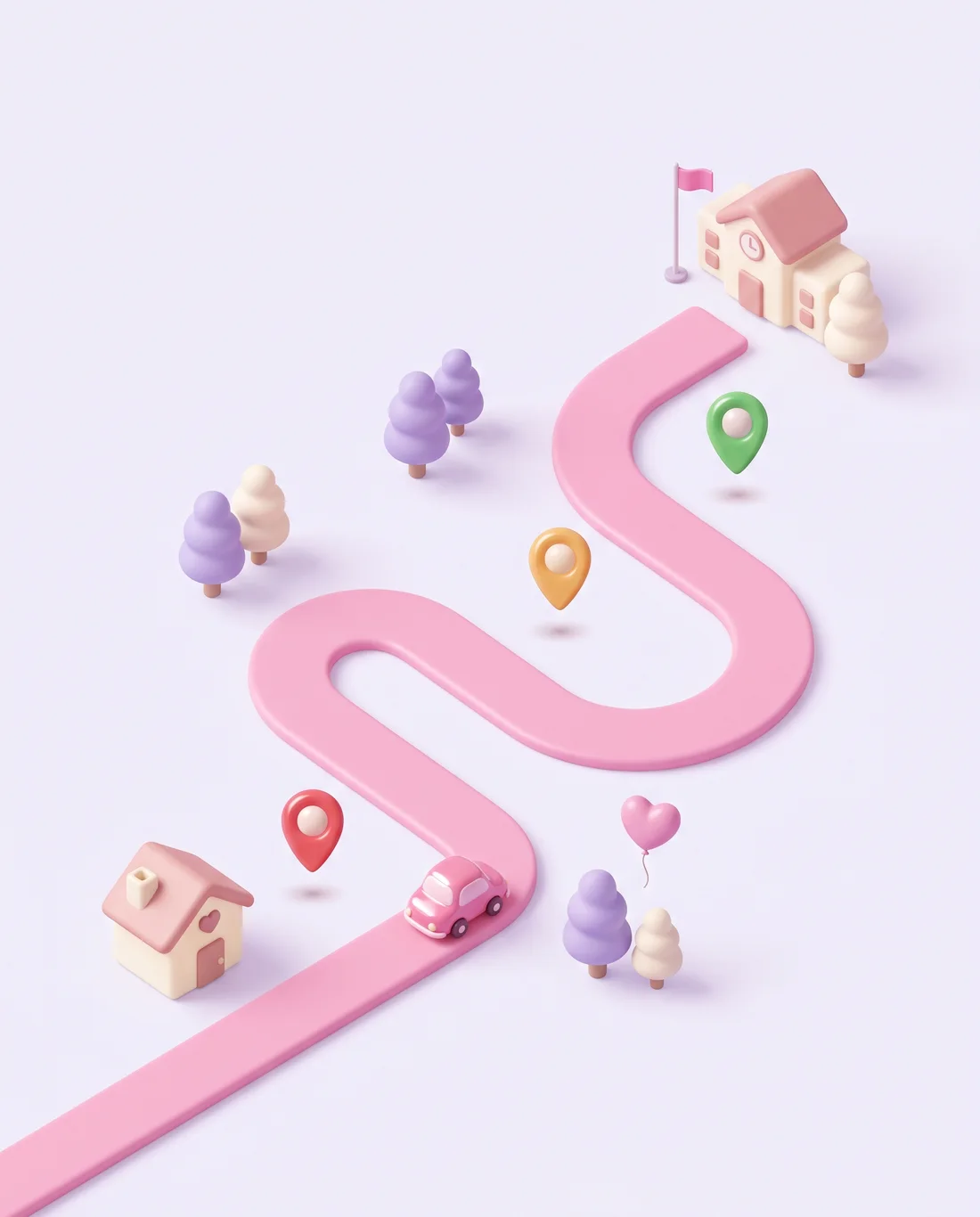 Ilustración 3D: una carretera rosa serpentea desde la casa hasta el colegio, con un auto rosa y pins rojo, ámbar y verde en el camino